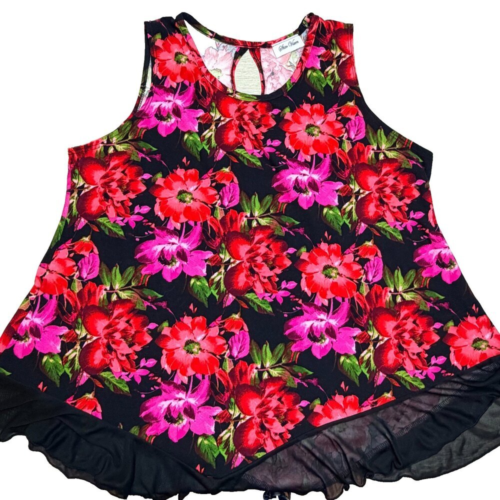 Star Vixen Sleeveless Top Womens XL Red Black Floral Chiffon Hem High Round Neck - Picture 9 of 13